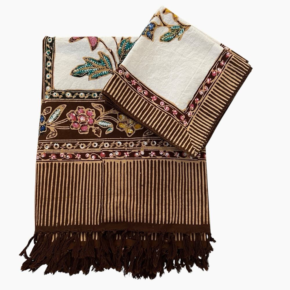 Batik Print Tablecloth Fringe 51x71 Matching Napkins Set of 6 Brown Pink Flowers